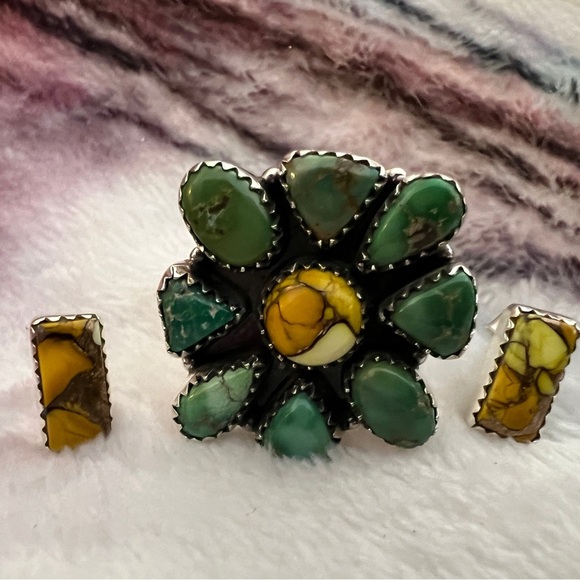 ❤️ Emerald Valley Turquoise Honey Dahlia Ring & Earring Set 925 Handmade - Picture 1 of 17